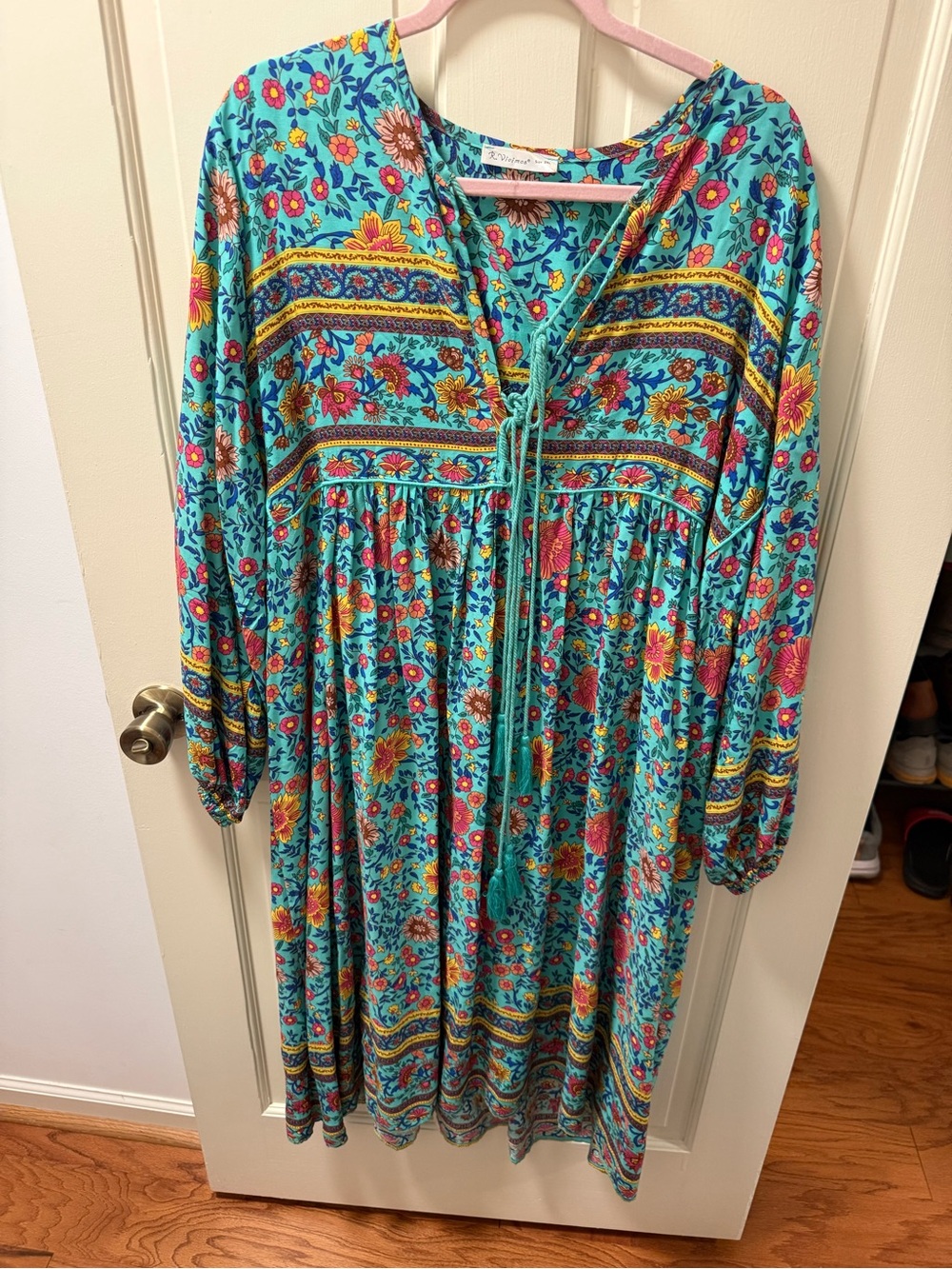Bohemian Turquoise Floral Long-Sleeve Midi Dress with Tie Front
